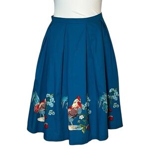 Revival Rooster print blue retro style full skirt Size 10 (au) size 6 (US)